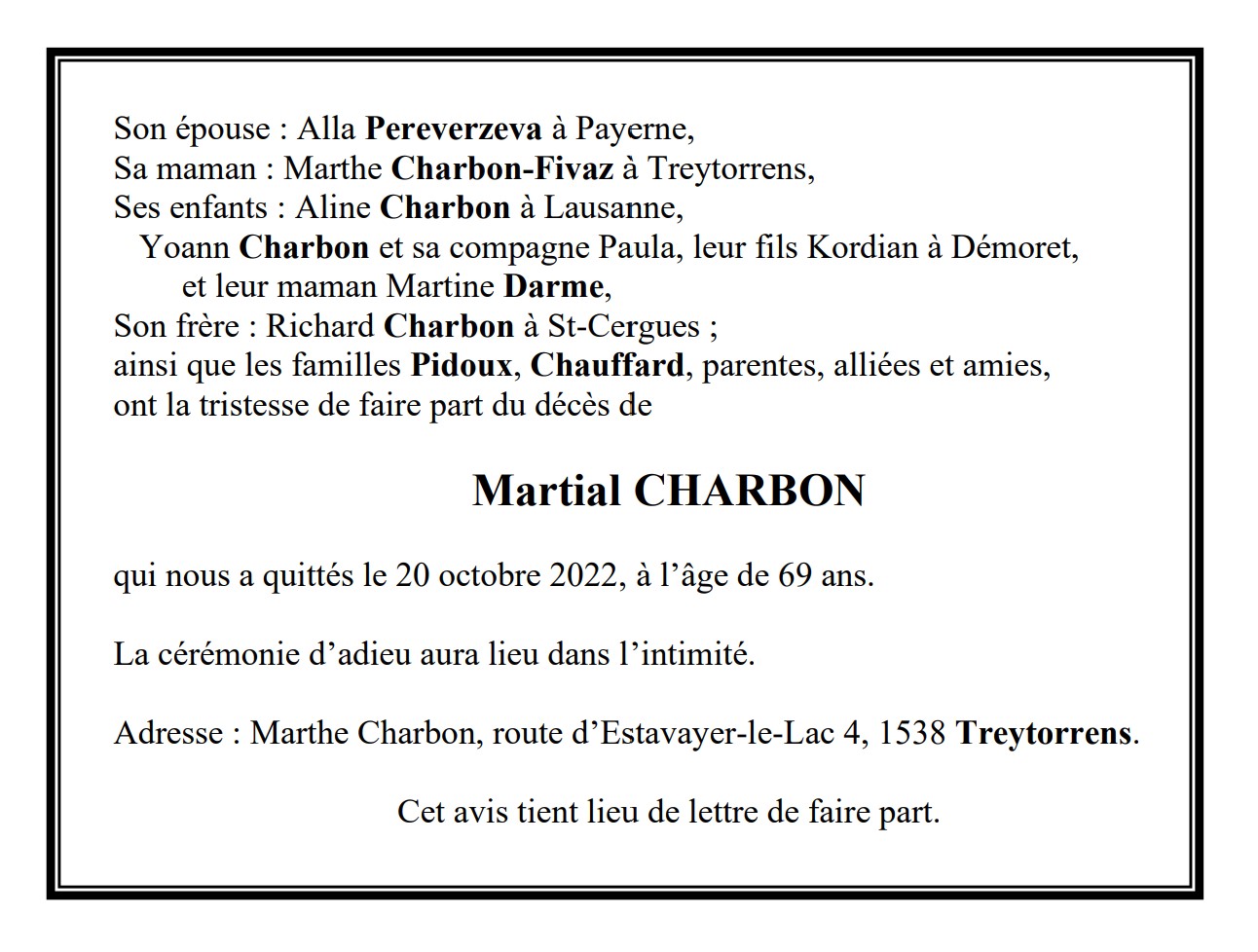 Martial CHARBON Pompes Funèbres Générales
